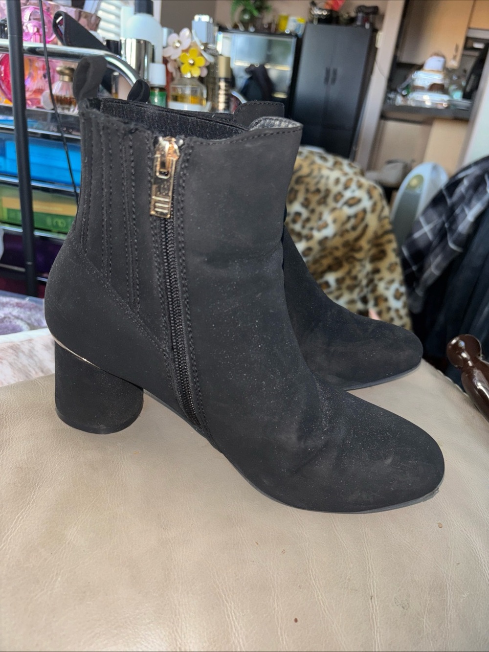 London Fog Collection Black Suede Boots with gold accents Size 7.5.  Cute!